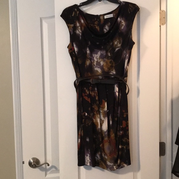 EUC CALVINKLEIN BELT WAIST SLEEVELESS DRESS FRONT PLEAT NECK& DRAPE BOTTOM  S6 - Picture 5 of 9